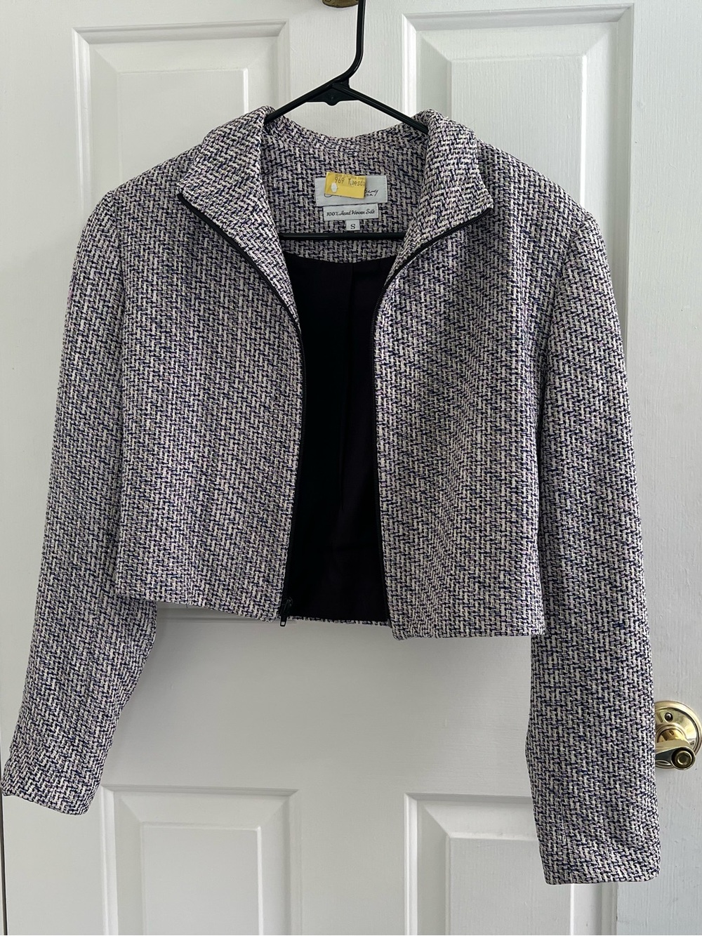 Women's Lavender & Navy Tweed Silk Cropped Blazer